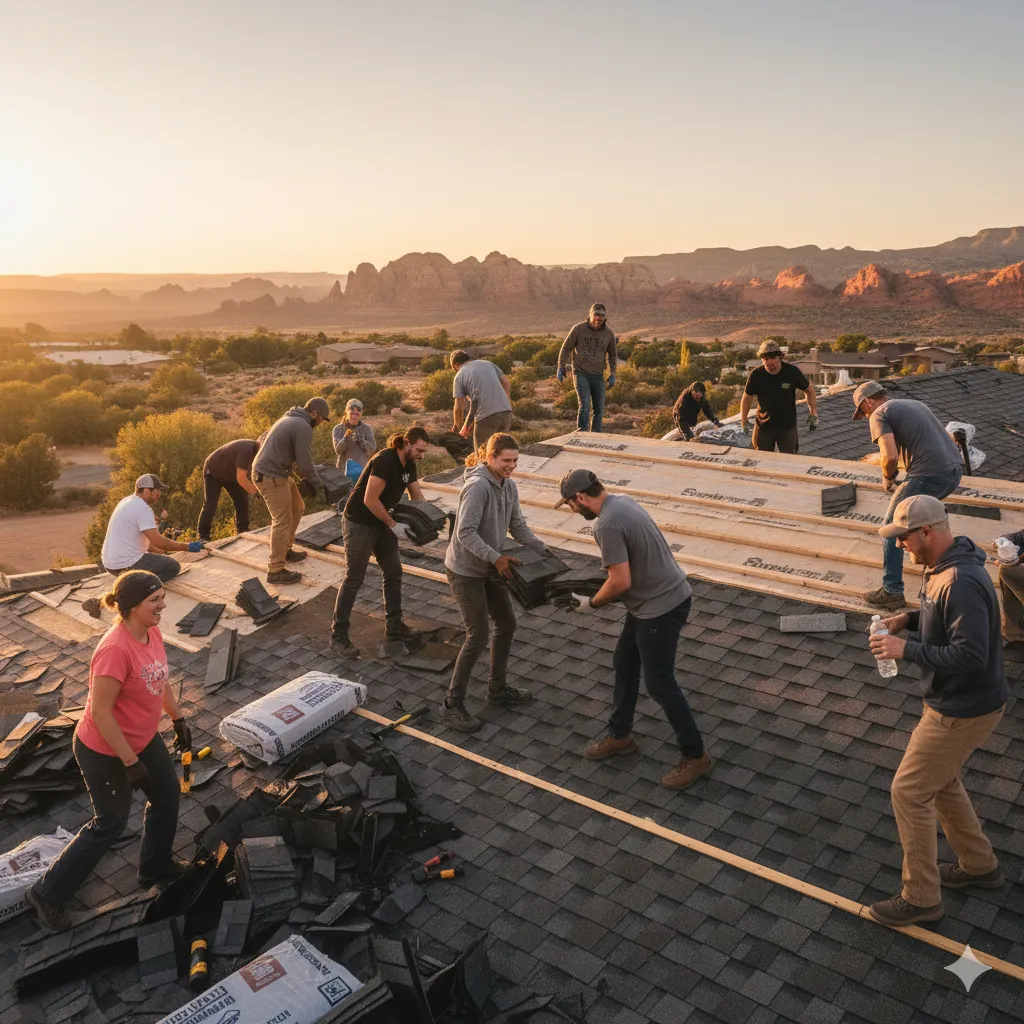 Community volunteers working together to install a roof